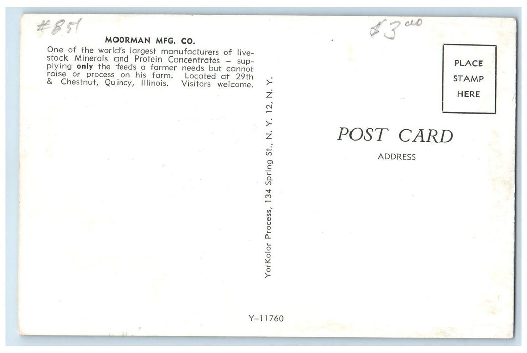 c1960 Moorman MFG Co. Livestock Minerals Farm Chestnut Quincy Illinois Postcard