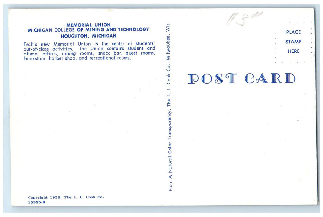 c1950's Memorial Union Michigan College of Mining and Technology MI Postcard