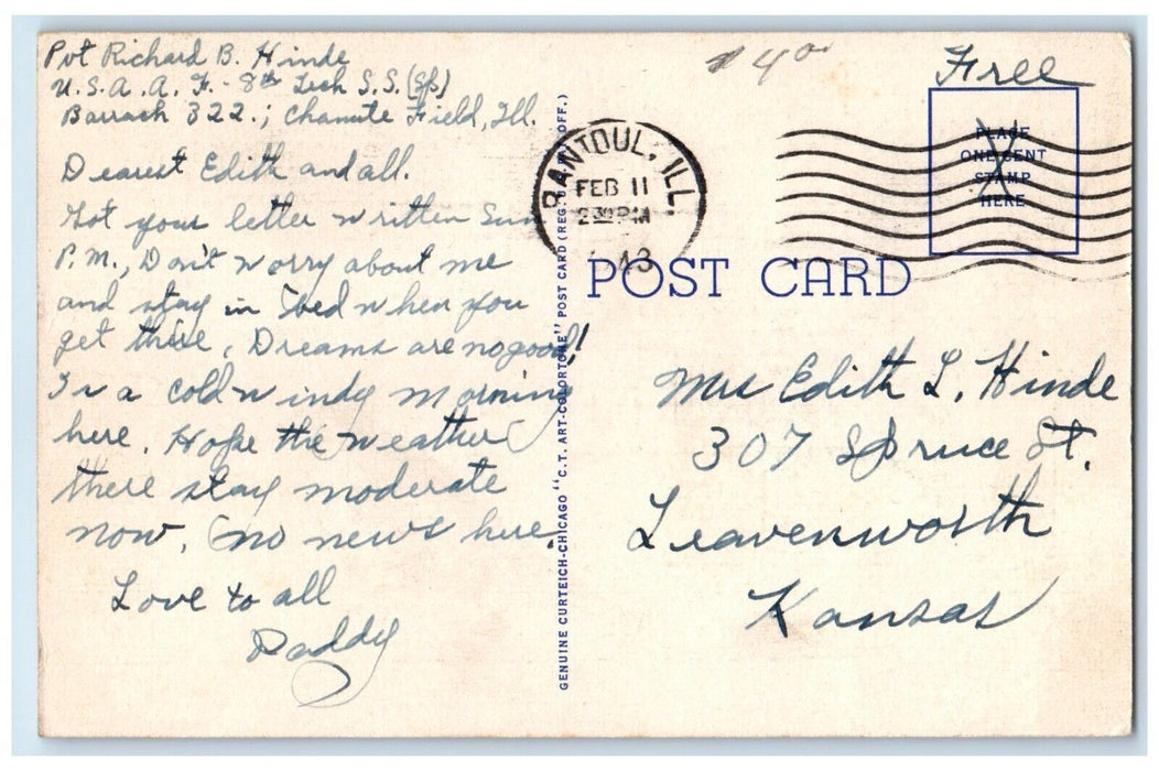 1943 Interior Main Mess Hall Chanute Field Interior Rantoul Illinois IL Postcard
