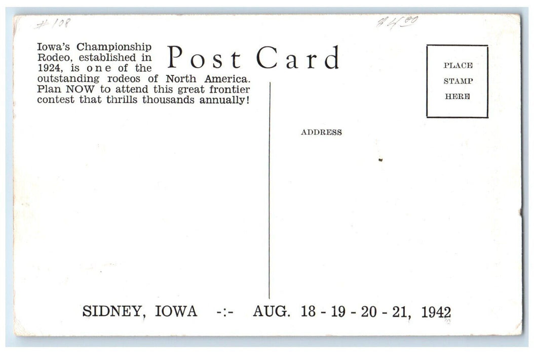 1942 Iowa's Championship Rodeo Sidney Iowa IA Unposted Vintage Postcard