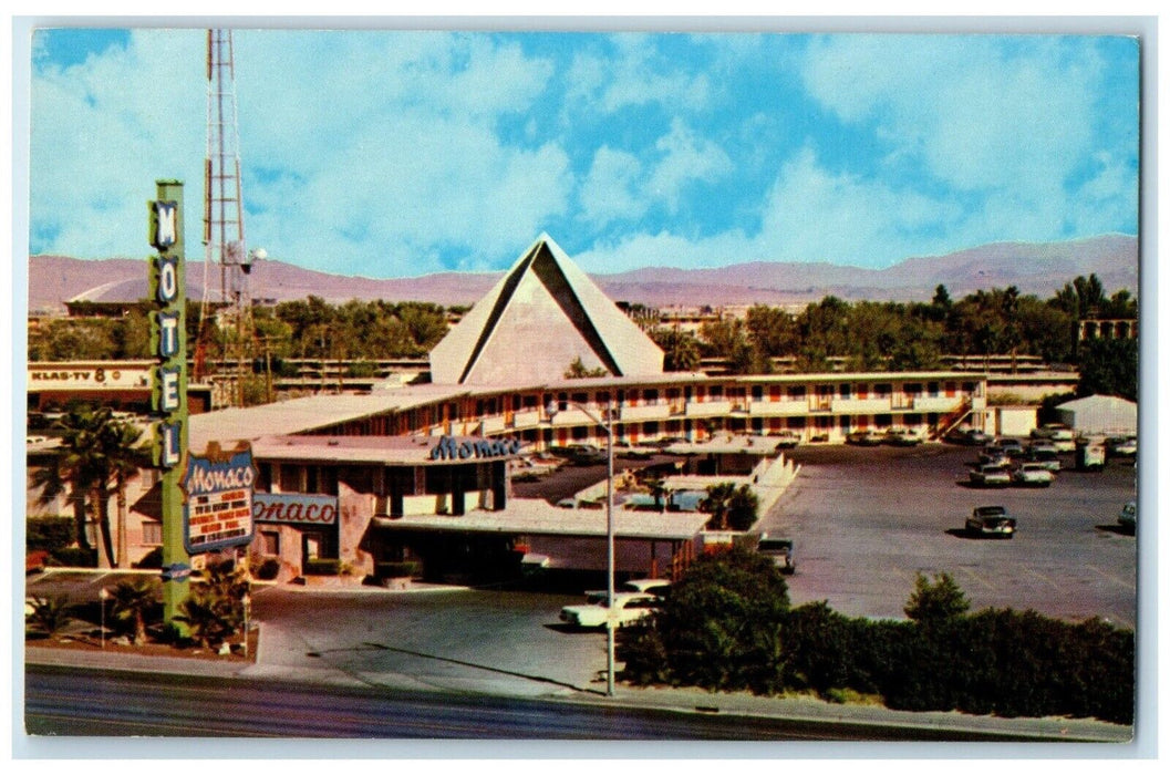 c1950's Monaco Motel Cars Roadside Scene Las Vegas Nevada NV Vintage Postcard