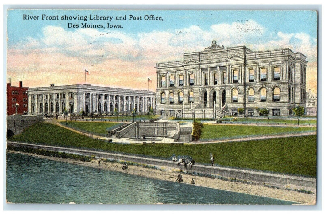 1916 River Front Showing Library Post Office Exterior Des Moines Iowa Postcard