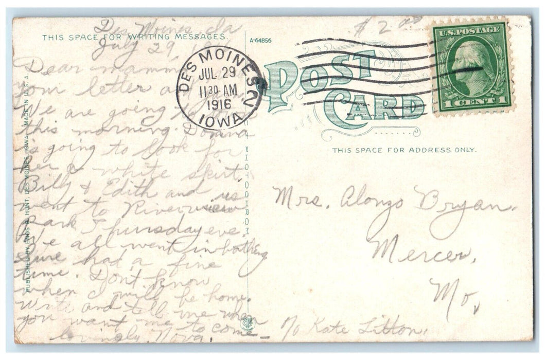 1916 River Front Showing Library Post Office Exterior Des Moines Iowa Postcard