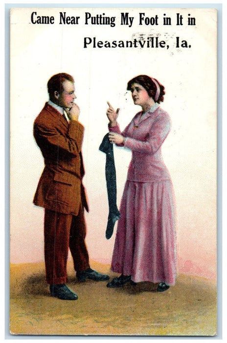 1912 Came Near Putting Foot Woman Man Scene Pleasantville Iowa Vintage Postcard