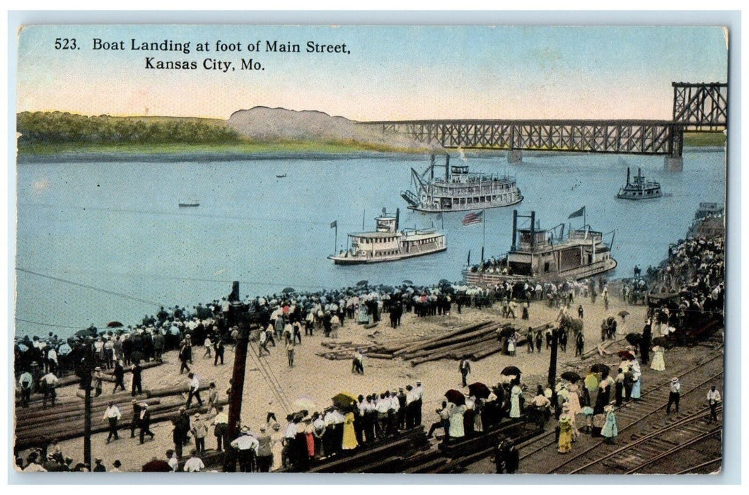 1910 Boat Landing Foot Main Street Steamer Ship Kansas City Missouri MO Postcard