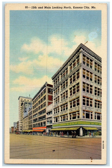 1944 12th Main Looking North Building Kansas City Missouri MO Antique Postcard