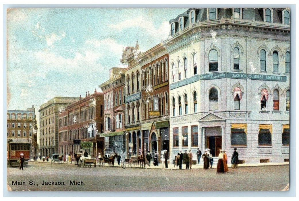 1909 Main Street Streetcar Road Exterior Building Jackson Michigan MI Postcard