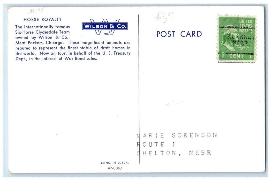 War Bond Rally Wilson & Co. Six Horse Clydesdale Team Kearney NE Postcard