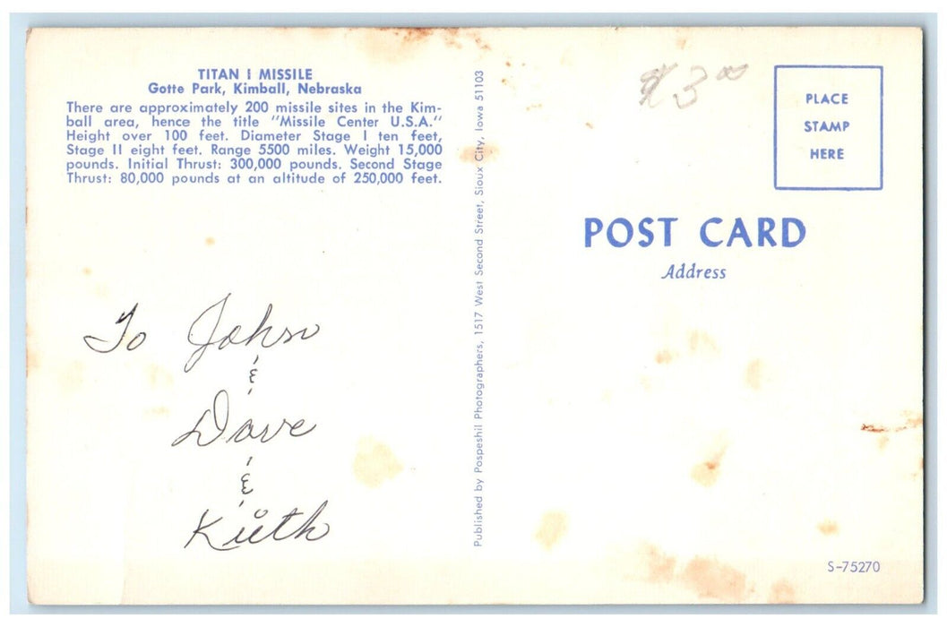 Kimball Nebraska NE, Titan 1 Missile Center USA Gotte Park Vintage Postcard