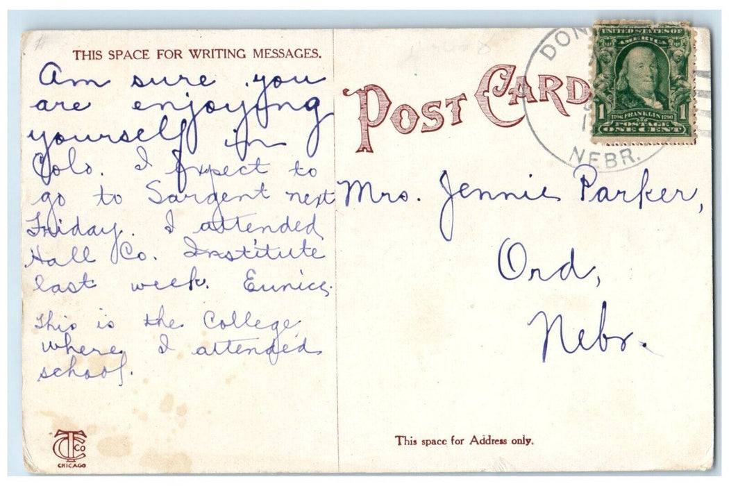 c1910's Grand Island College Building Grand Island Nebraska NE Antique Postcard