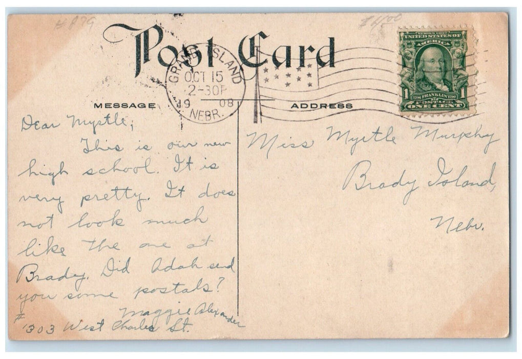 1908 Grand Island High School Building Campus Grand Island Nebraska NE Postcard