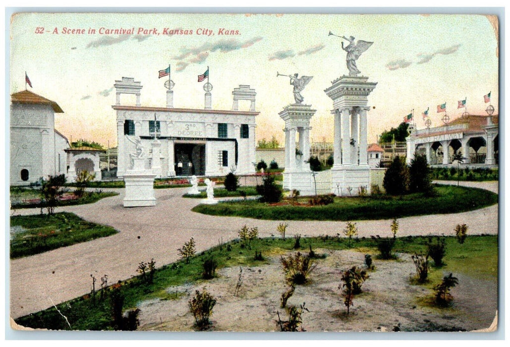 1909 Scene Carnival Park Garden Statue Kansas City Missouri MO Vintage Postcard