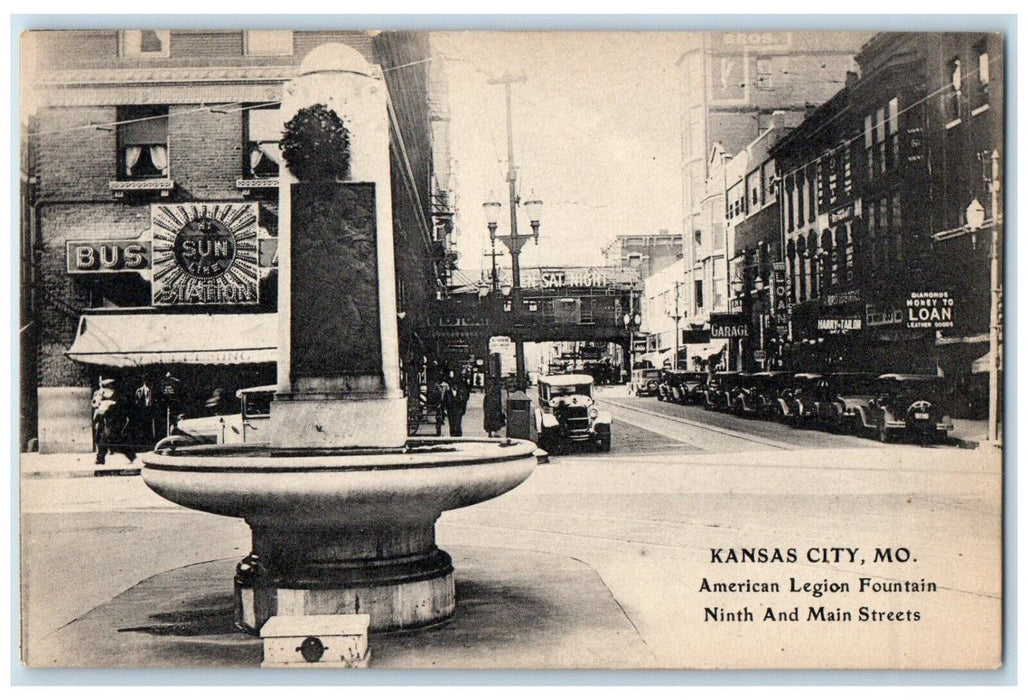 c1940 American Legion Fountain Ninth Main Streets Kansas City Missouri Postcard