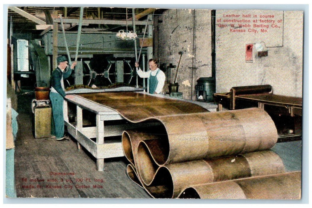 1912 Leather Belt Factory Geo Webb Belting Co Kansas City Missouri MO Postcard