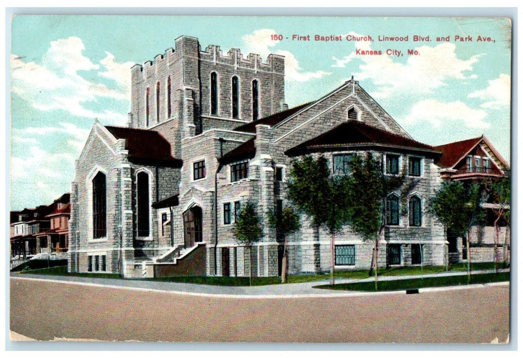 1909 First Baptist Church Linwood Blvd Park Ave Kansas City Missouri MO Postcard