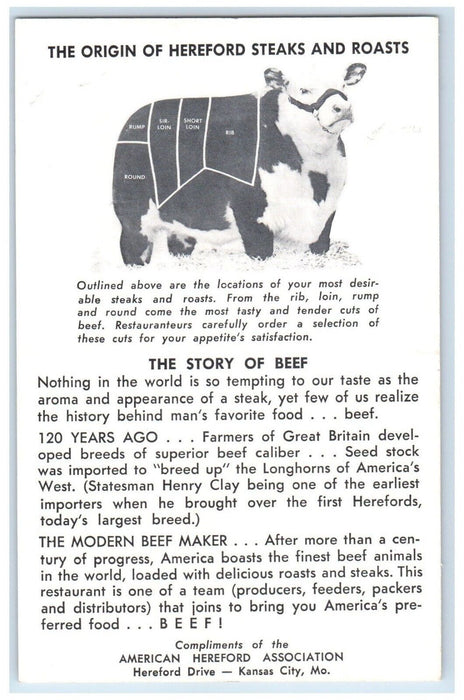 c1960 American Hereford Association Story Beef Kansas City Missouri MO Postcard