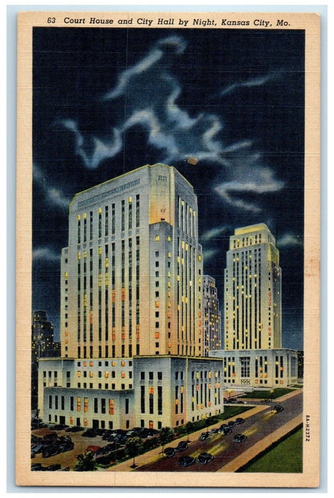 c1940 Court House City Hall Night Building Kansas City Missouri Vintage Postcard