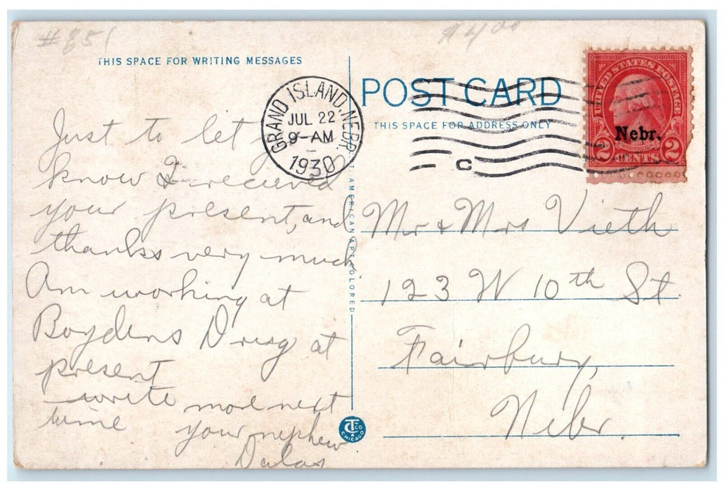 1930 The New Senior High School Building Cars Grand Island Nebraska NE Postcard