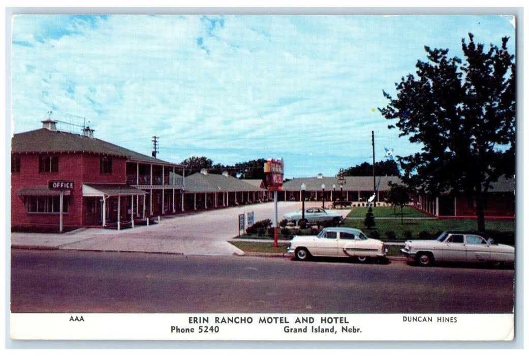 1955 Erin Rancho Motel And Hotel Grand Island NE, Duchan Hines Cars Postcard