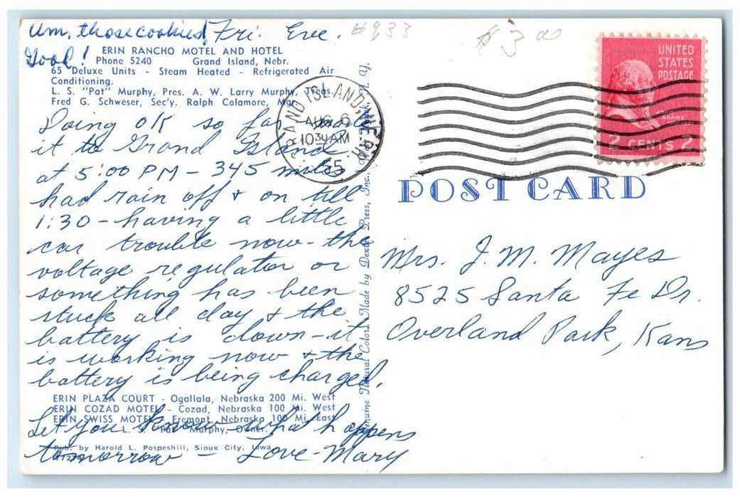 1955 Erin Rancho Motel And Hotel Grand Island NE, Duchan Hines Cars Postcard