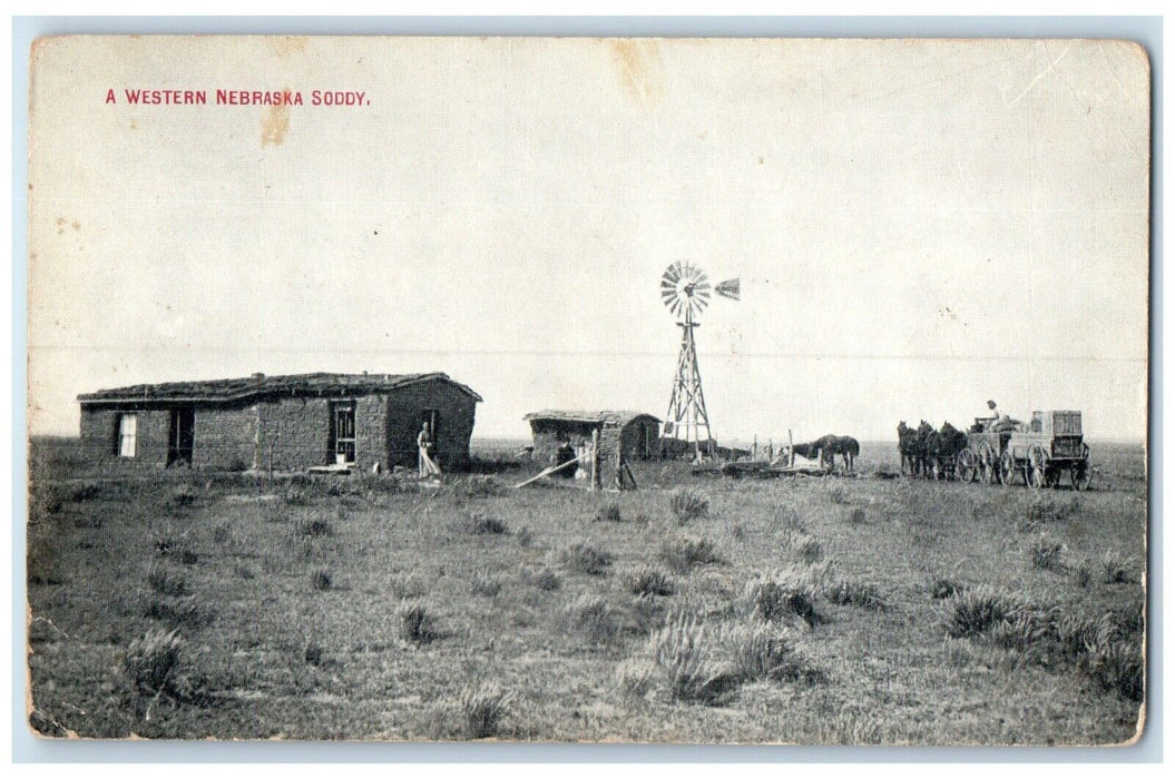 c1910's A Western Nebraska Soddy Windmill Horse Wagon NE Antique Postcard