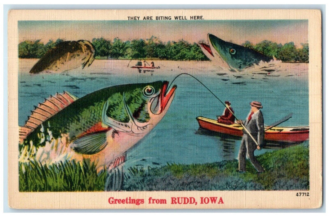 c1910's Greetings From Rudd Iowa IA, Fishermen Cached Exaggerated Fish Postcard