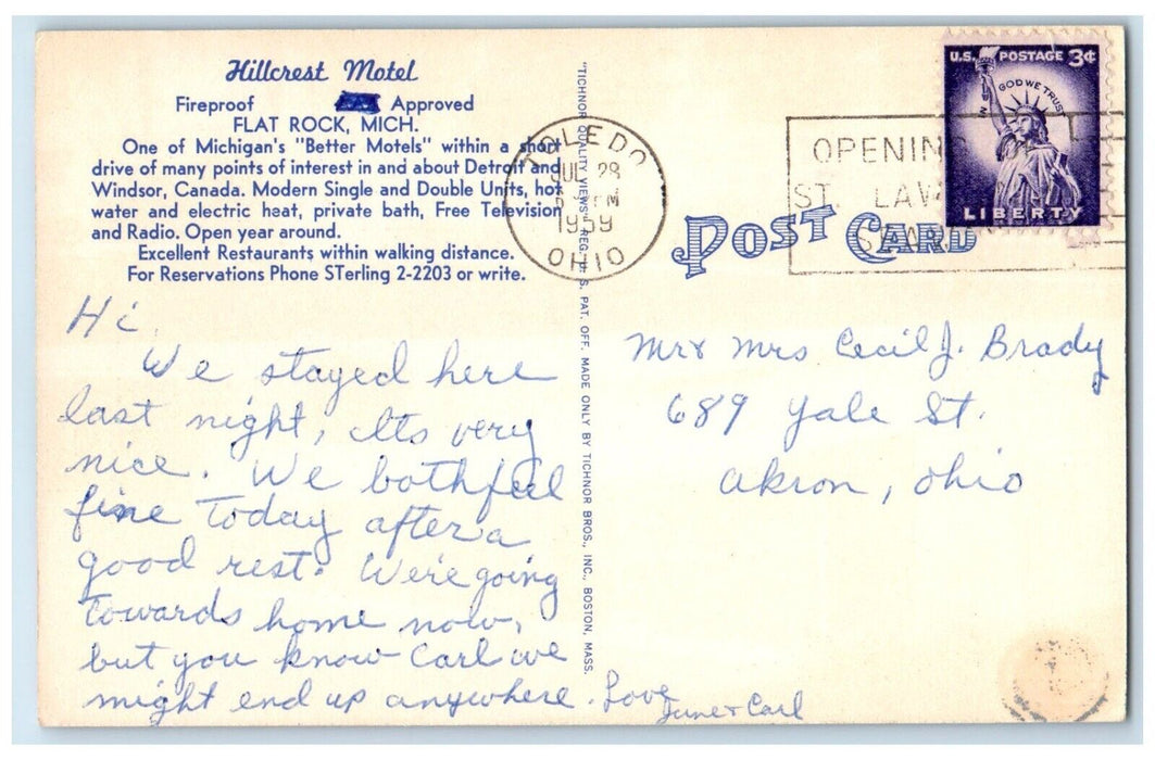 1959 Hillcrest Motel Telegraph Road Exterior Flat Rock Michigan Vintage Postcard