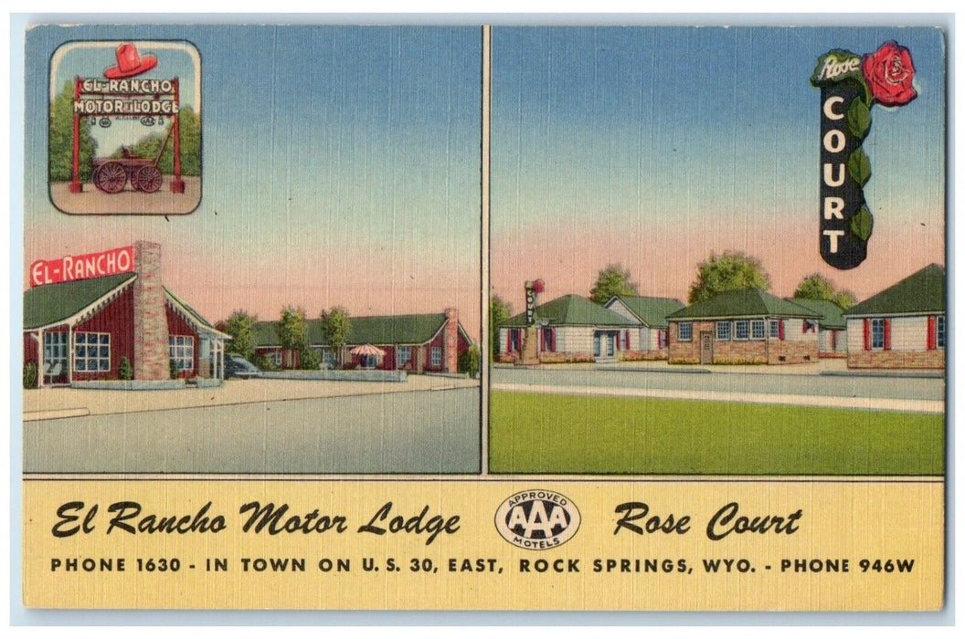 c1950's El Rancho Motor Lodge Rose Court Rock Springs Wyoming WY Postcard