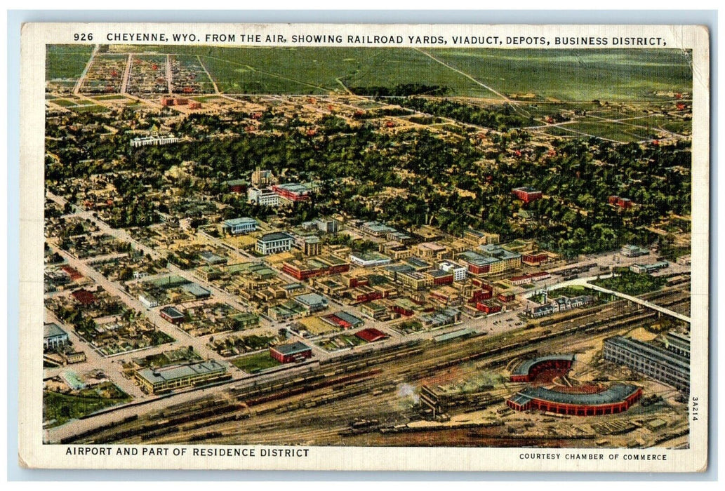 c1930's Cheyenne WY, From The Air Showing Railroad Yards Viaduct Depots Postcard