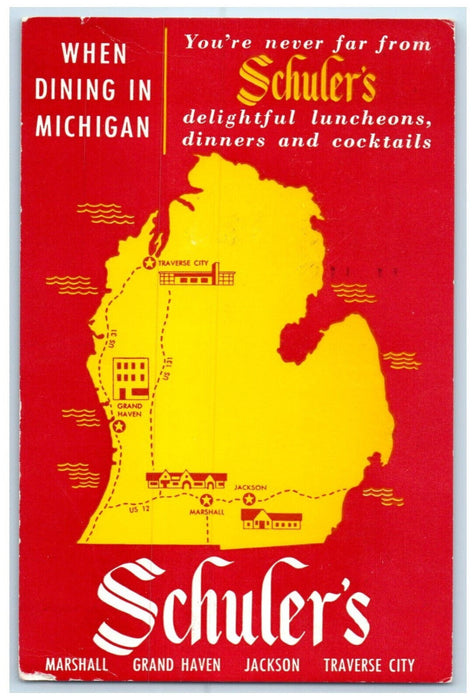 c1950's Map View City Names Schuler's Restaurant Michigan MI Vintage Postcard