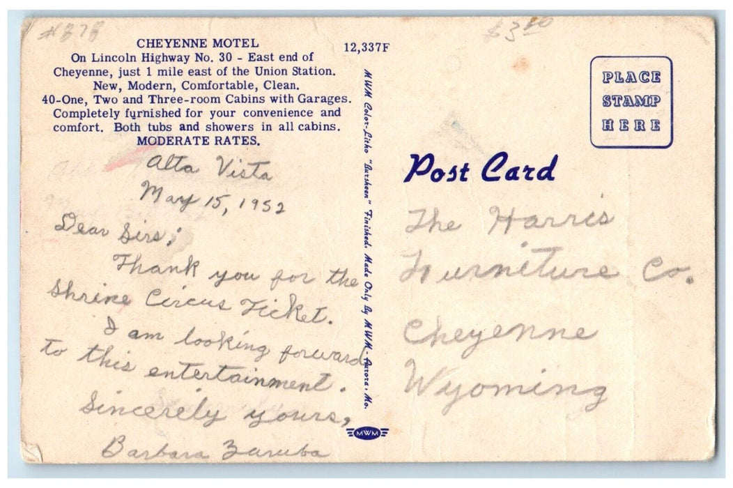 1952 Cheyenne Motel Lincoln Highway East End Of Cheyenne Wyoming WY Postcard