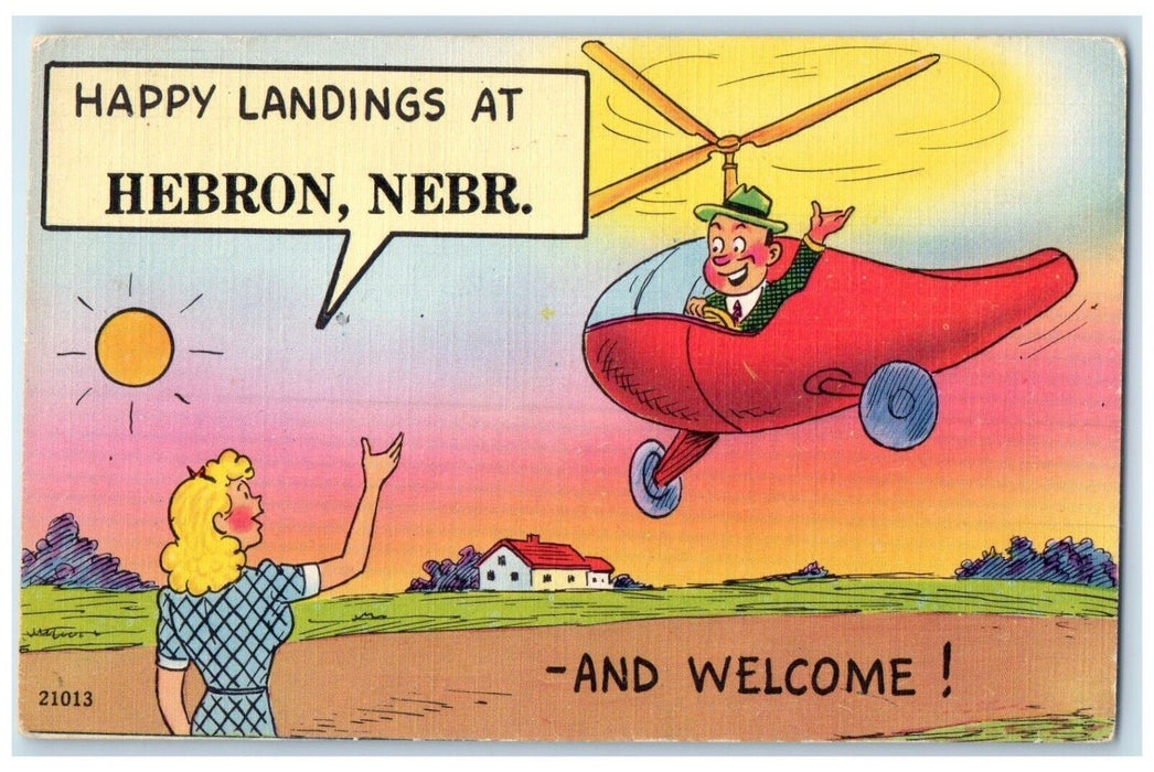 Happy Landing At Hebron Nebraska NE, Man Waving In Airplane Postcard