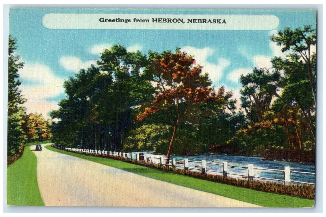 c1910's Greetings From Hebron Nebraska NE, Road Scene Car River Antique Postcard