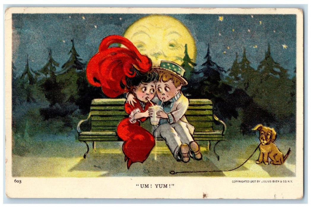 1909 Couple Romance Drinking Dog Anthropomorphic Moon Stuttgart KS Postcard