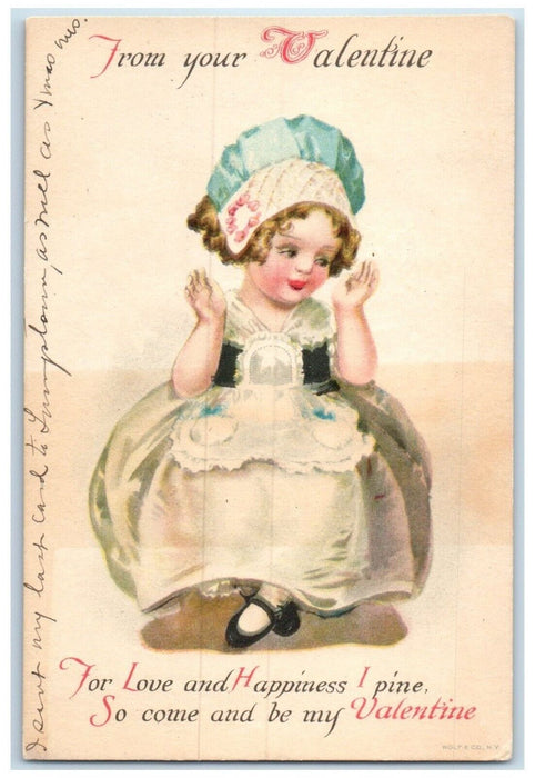 1923 Valentine Pretty Little Girl Bonnet Wolf Madison New York NY Postcard