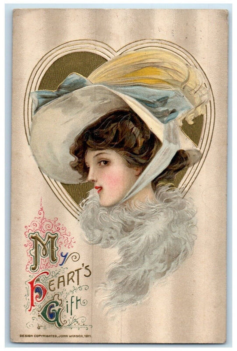 1911 Valentine Pretty Woman Big Hat Heart John Winsch Artist Signed Postcard