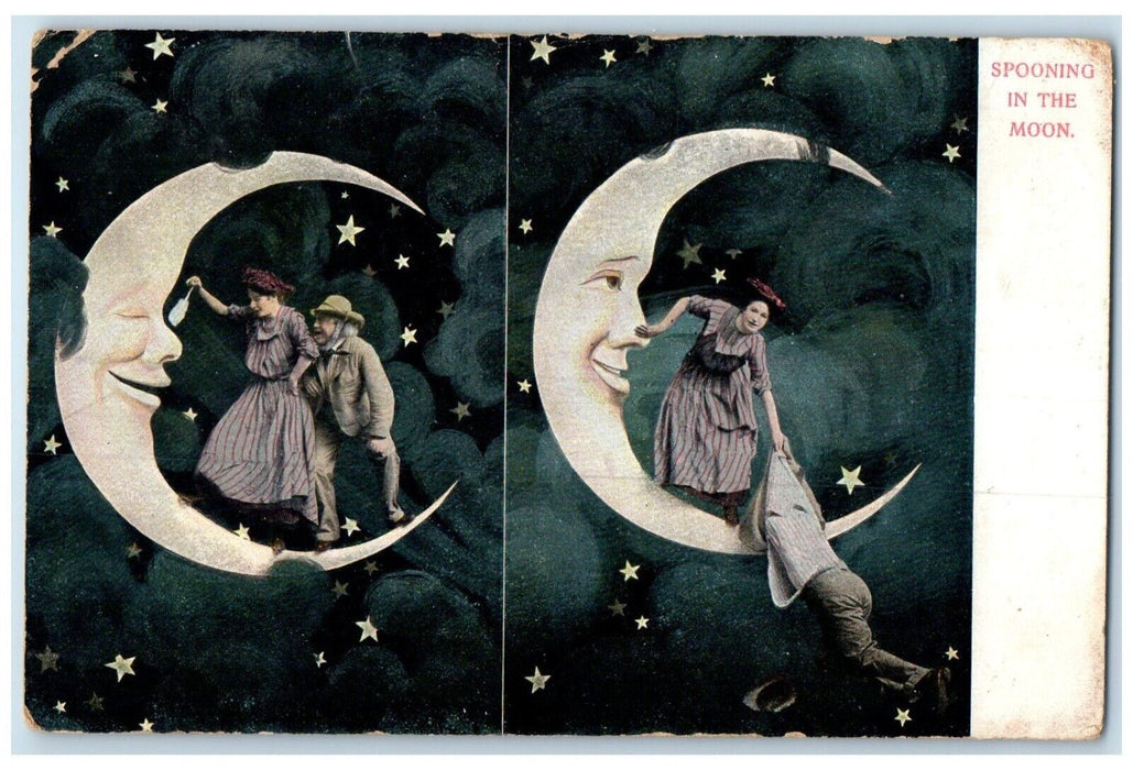 c1910's Couple Romance Spooning In The Moon Crescent Anthropomorphic Postcard