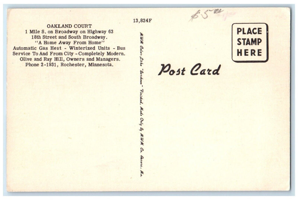 c1940 Oakland Court Broadway Exterior Classic Cars Rochester Minnesota Postcard