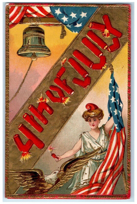 1909 Fourth Of July Woman Fire Cracker Patriotic Ringing Bell Antique Postcard