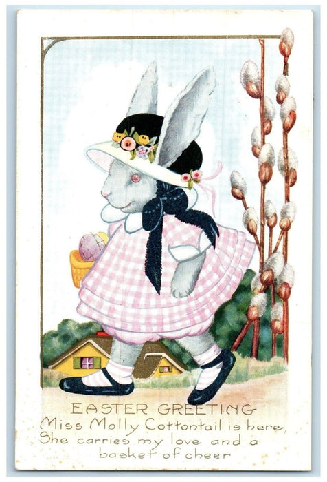 1920 Easter Greeting Anthropomorphic Rabbit Bonnet Pipe Berry Antique Postcard