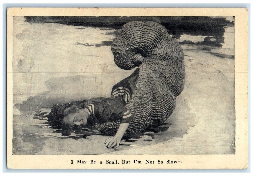 1908 Woman Weird Snail Humor Hicksville Ohio OH Posted Antique Postcard