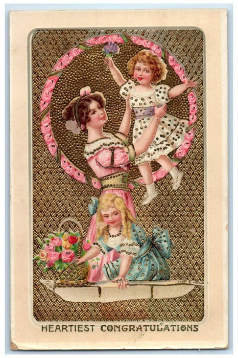 1912 Heartiest Congratulations Mother Daughter Flowers Gel Gold Gilt Postcard