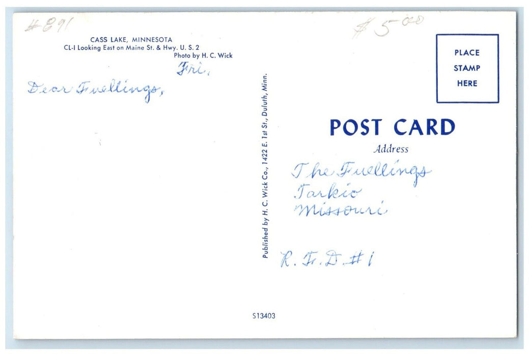 c1960 Looking East Maine St. Highway Road Street Cass Lake Minnesota MN Postcard