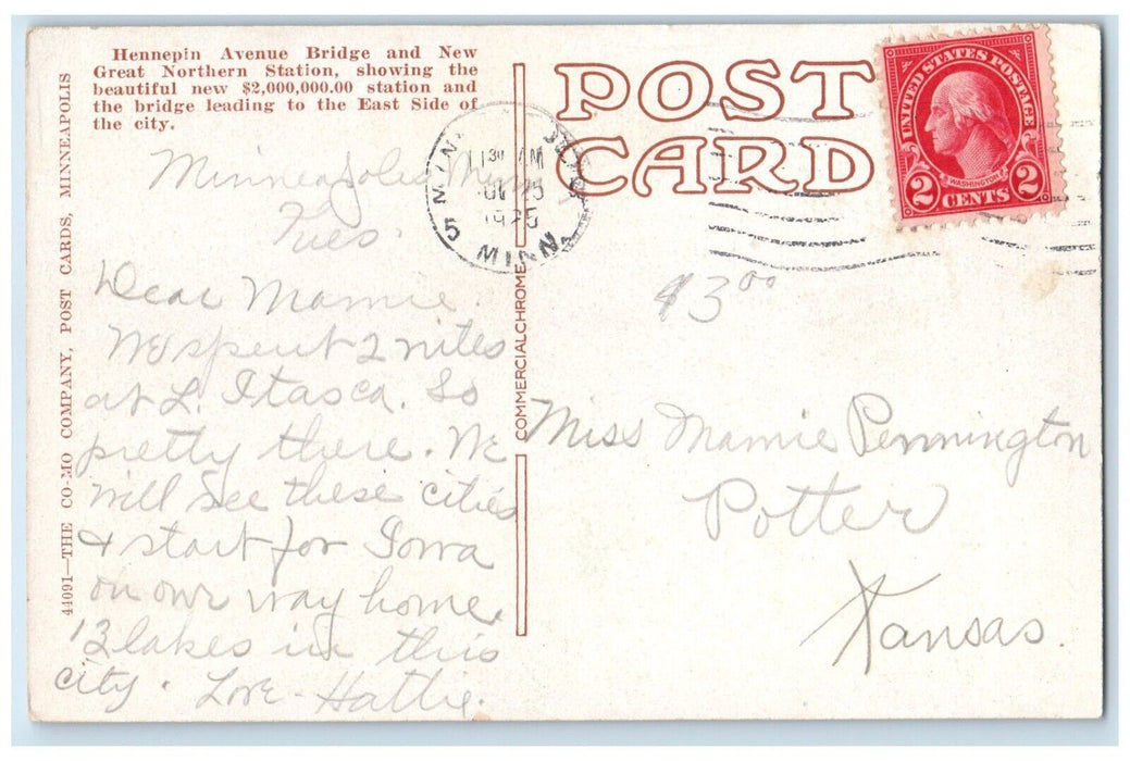 1925 Hannepin Avenue Bridge Northern Station Minneapolis Minnesota MN Postcard