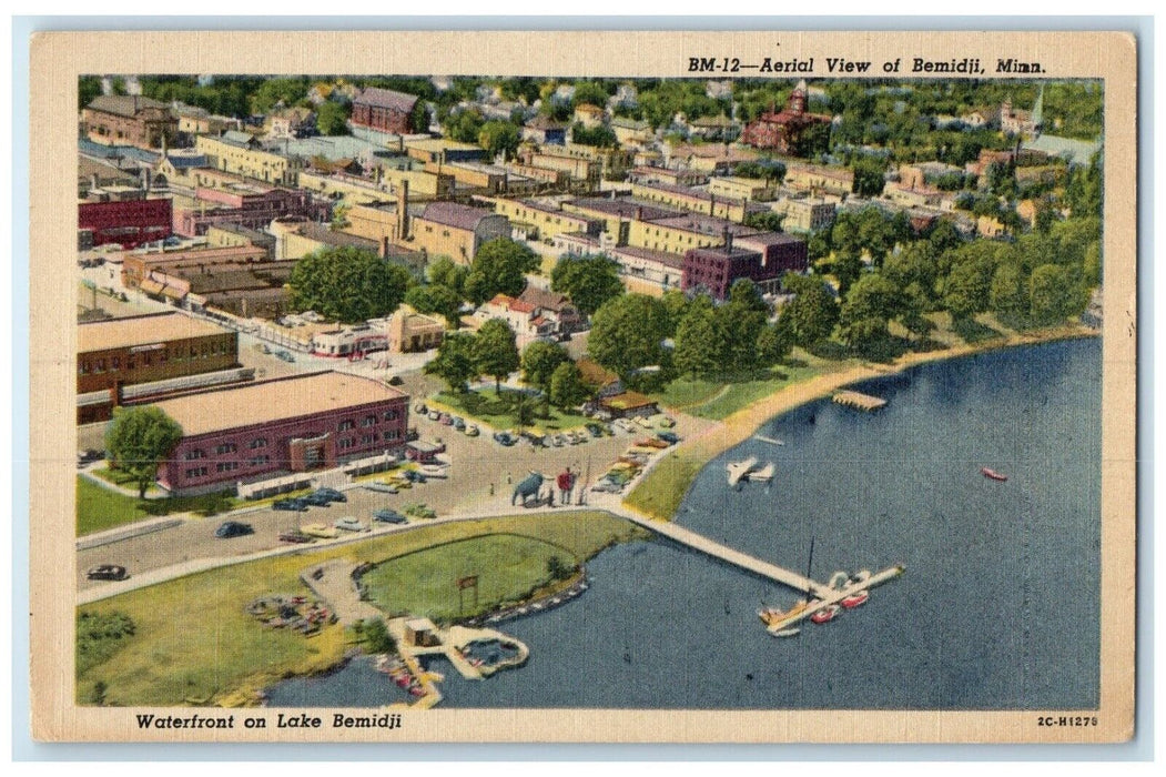 c1940 Aerial View Port Dock River Waterfront Lake Bemidji Minnesota MN Postcard
