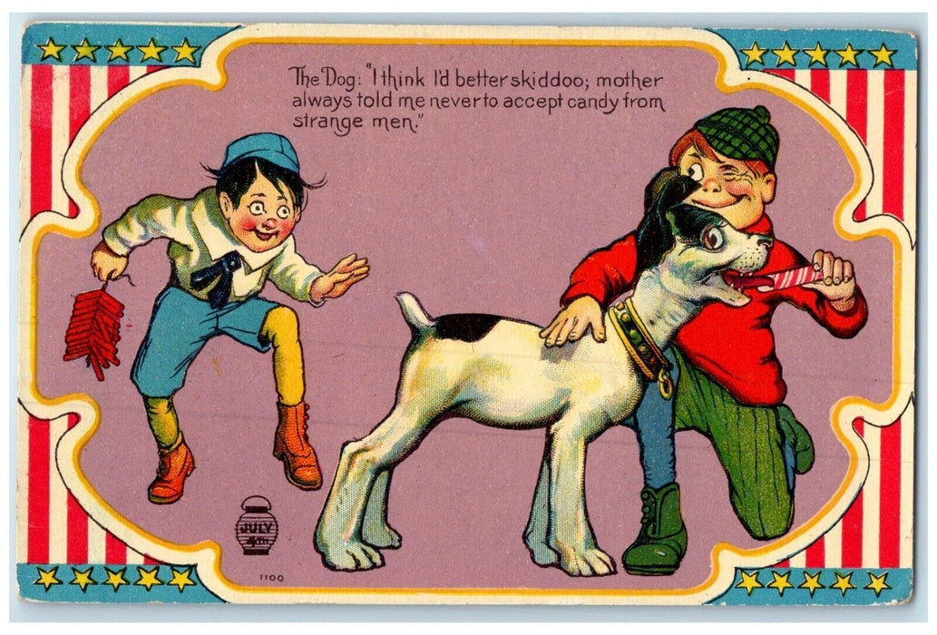 1912 Fourth Of July Boys Dog Firecracker Eastport Maine ME Antique Postcard
