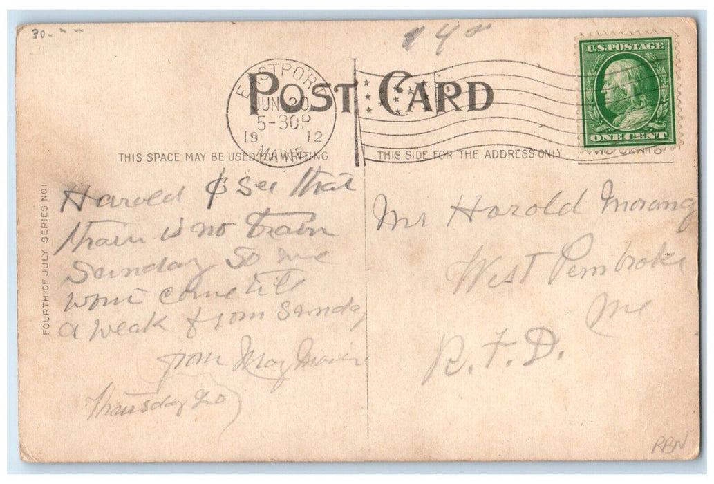 1912 Fourth Of July Boys Dog Firecracker Eastport Maine ME Antique Postcard