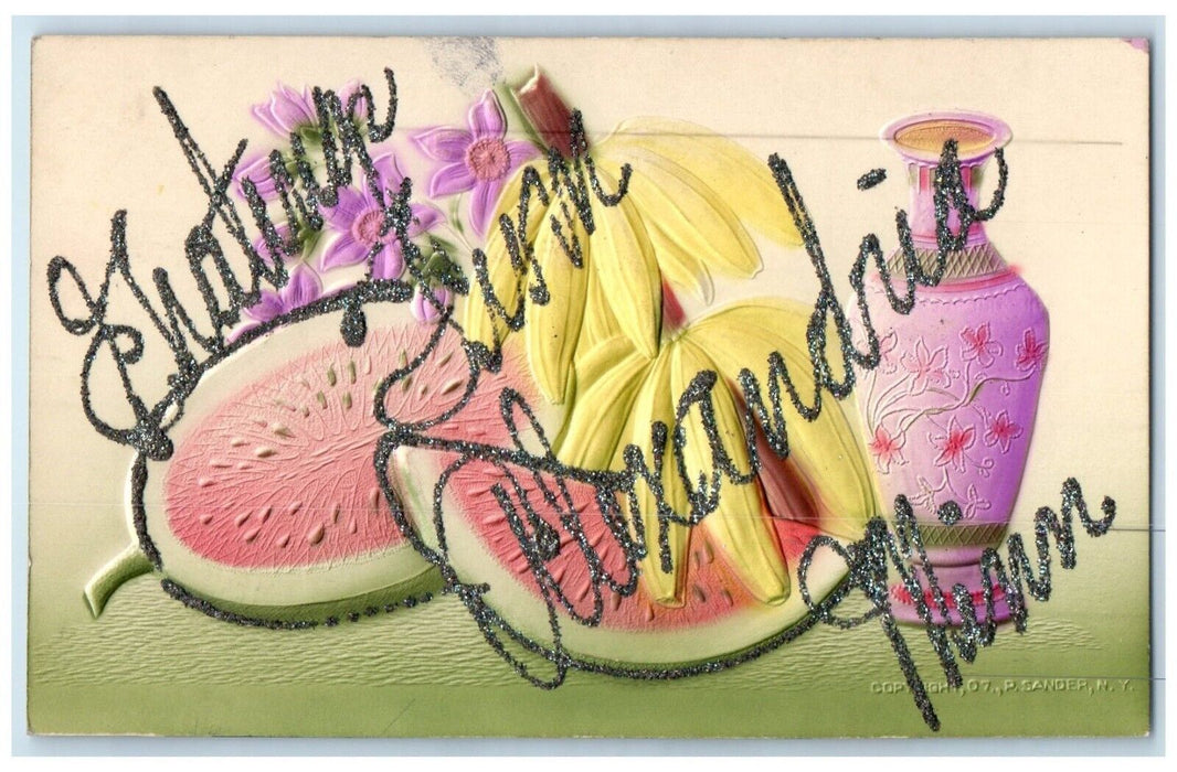 1910 Greetings From Embossed Glitter Fruit Alexandria Minnesota Vintage Postcard