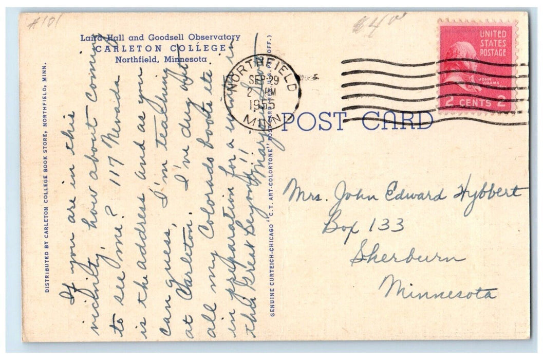 1955 Laird Hall Goodsell Observatory Carleton College Northfield Minn Postcard