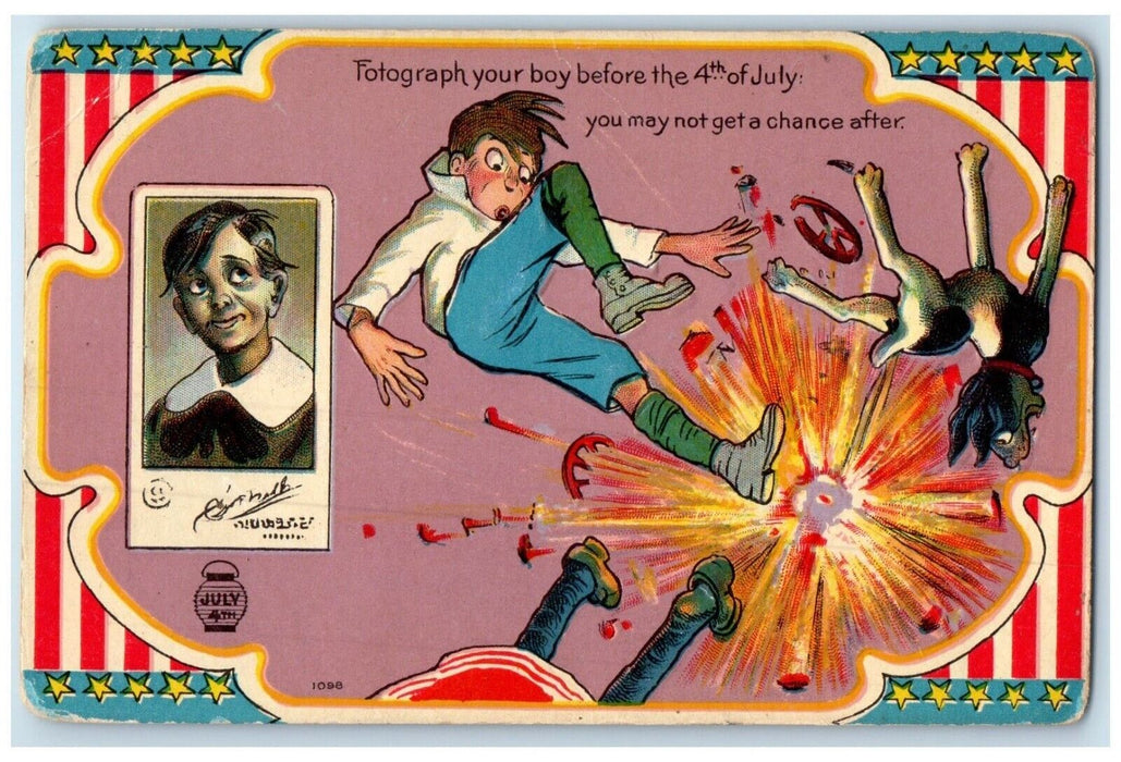c1910's Fourth Of July Suicide Dog Firecracker Embossed Antique Postcard
